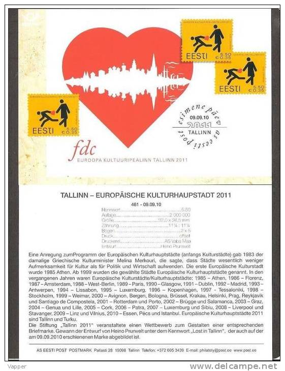 Estonia 2010 Stamp Presentation Card (germany) Tallinn - European Capital Of Culture 2011 Mi 672 - 2011