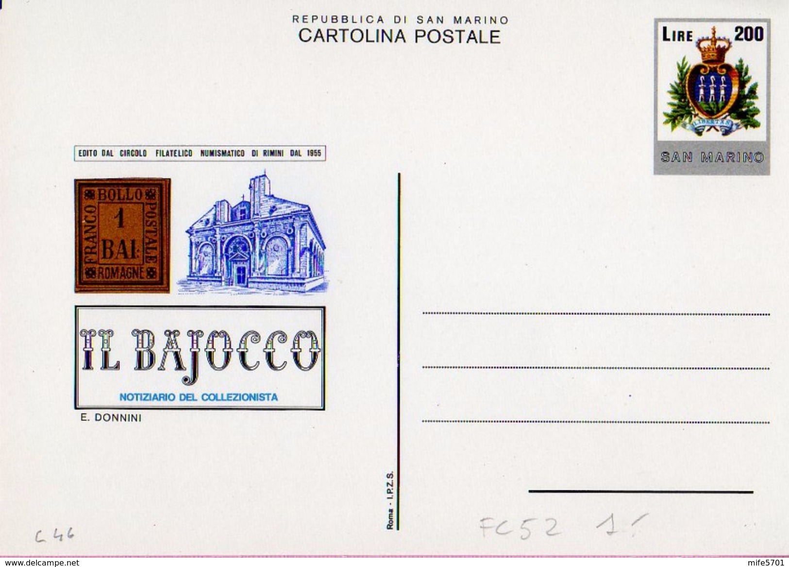 CARTOLINA DELLA SERIE COMMEMORATIVE: NOTIZIARIO IL BAIOCCO L. 200 - 1982 - CATALOGO FILAGRANO C52 - NUOVA ** - Interi Postali