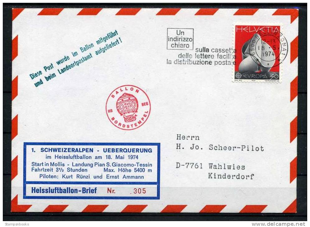 1974 Switzerland Germany Europa Kinderdorf Ballon Flight Cover BP49 - Covers & Documents