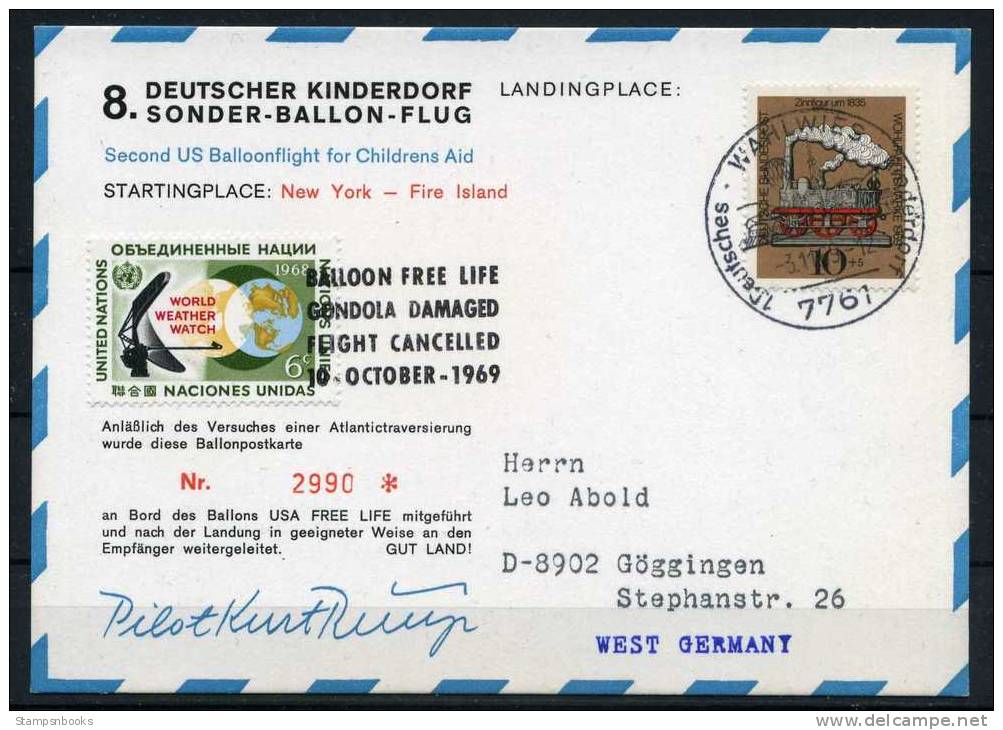 1969 Germany Fire Island USA Balloon Flight Postcard DKSB8 - Briefe U. Dokumente