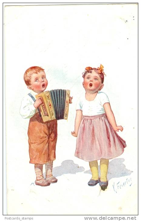 Junge Mit Akkordeon / Ziehharmonika, Singendes Mädchen, Sign. K. Feiertag - Feiertag, Karl