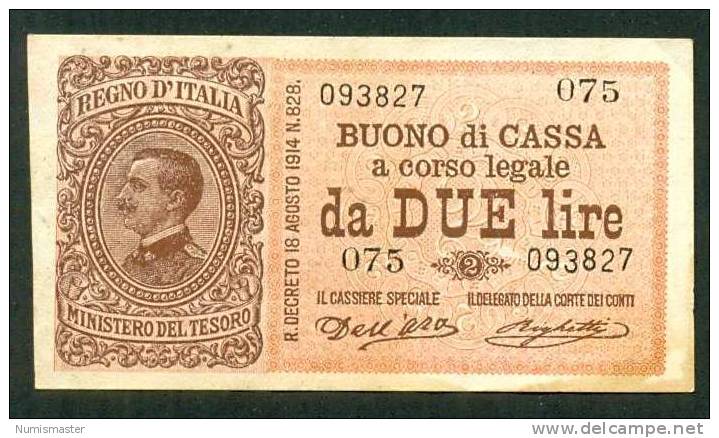 ITALIA , 2 LIRE 2.9.1914. DEL´ARA - RIGHETI - Italië – 2 Lire