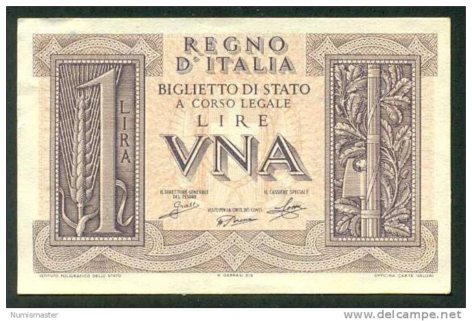 ITALIA , 1 LIRA 14.11.1939. AUNC - Italia – 1 Lira