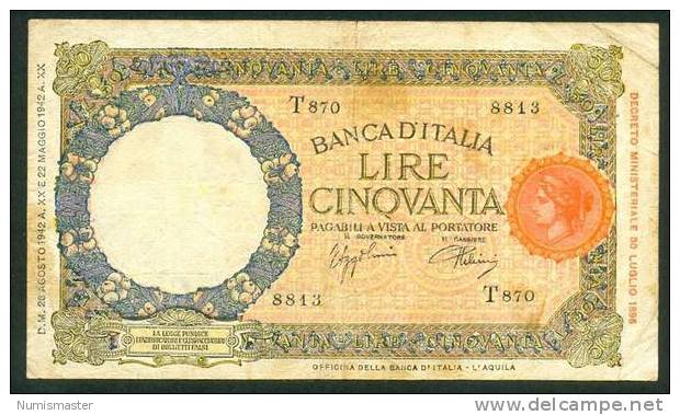 ITALIA , 50 LIRE 28.8.1942. - 50 Lire