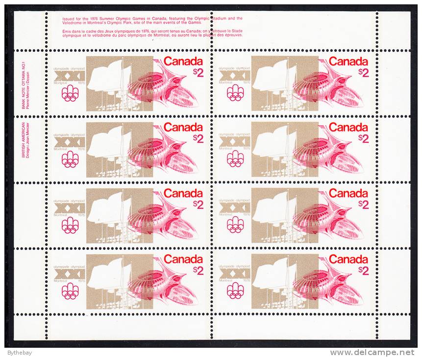 Canada MNH Scott #688 Sheet Of 8 UL Inscription $2 Olympic Stadium - Olympic Sites - Feuilles Complètes Et Multiples