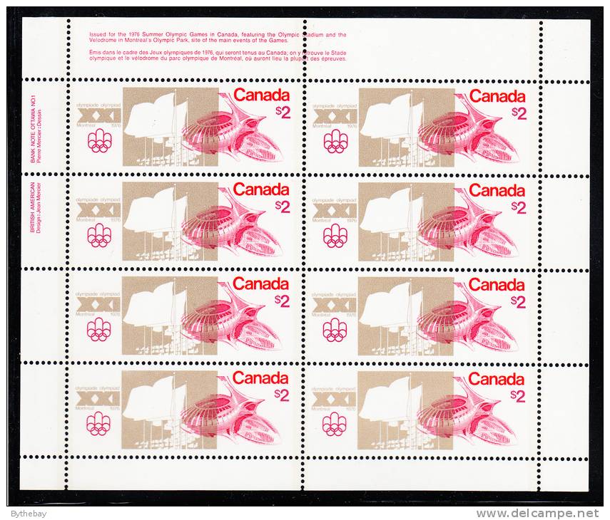 Canada MNH Scott #688i Sheet Of 8 UL Inscription F Paper $2 Olympic Stadium - Olympic Sites - Feuilles Complètes Et Multiples