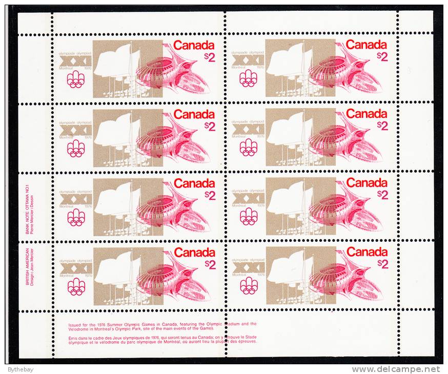 Canada MNH Scott #688i Sheet Of 8 LL Inscription F Paper $2 Olympic Stadium - Olympic Sites - Fogli Completi