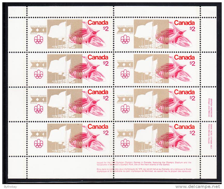 Canada MNH Scott #688i Sheet Of 8 LR Inscription F Paper $2 Olympic Stadium - Olympic Sites - Fogli Completi