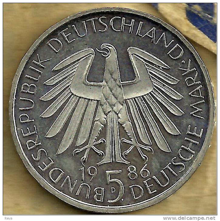 GERMANY 5 MARK EAGLE EMBLEM FRONT UNIVERSITY HEIDELBERG BACK 1986 D UNC KM? READ DESCRIPTION CAREFULLY !!! - 5 Mark