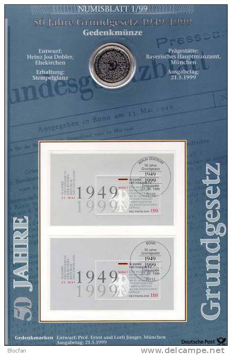 50 Jahre Grundgesetz Deutschland Numisblatt NB 1/1999 Mit Block 48 SST 25€ Wappen Adler Bf Document Sheetlet Of Germany - Lettres & Documents