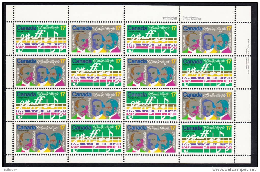 Canada MNH Scott #858a Sheet Of 16 Upper Right Inscription 17c Opening Music, Composers - O'Canada Centenary - Fogli Completi