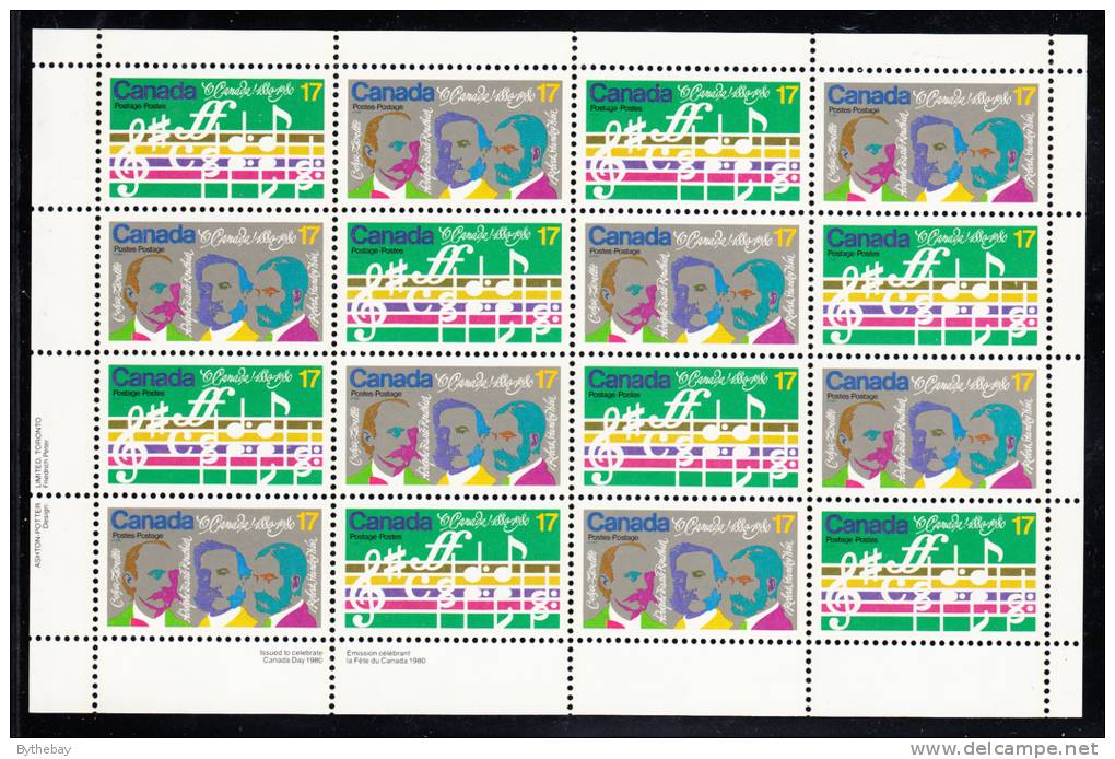 Canada MNH Scott #858a Sheet Of 16 Lower Left Inscription 17c Opening Music, Composers - O'Canada Centenary - Full Sheets & Multiples