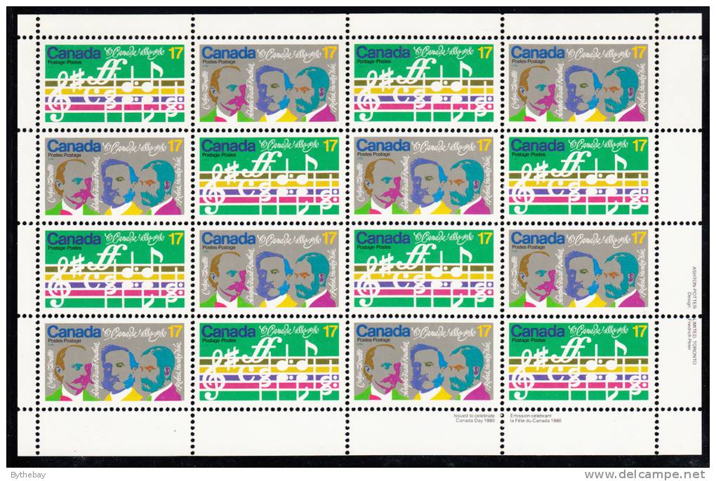 Canada MNH Scott #858a Sheet Of 16 Lower Right Inscription 17c Opening Music, Composers - O'Canada Centenary - Feuilles Complètes Et Multiples