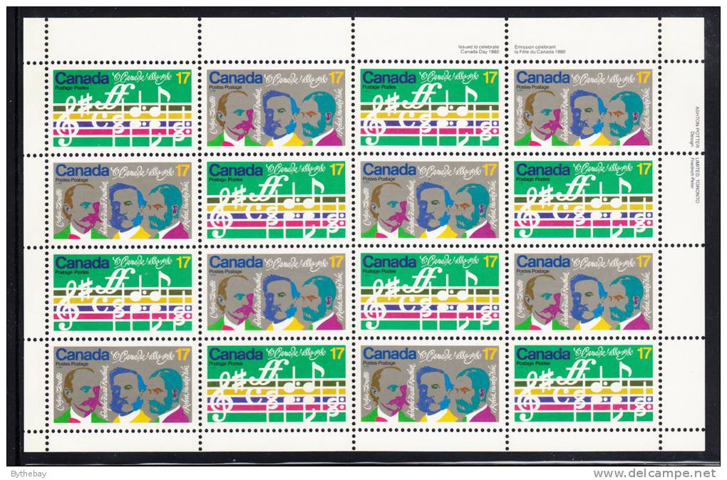 Canada MNH Scott #858ai Sheet Of 16 UR 17c Opening Music, Composers - Variety Dot On Moustache - O'Canada Centenary - Feuilles Complètes Et Multiples