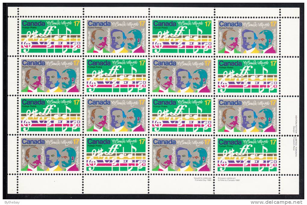 Canada MNH Scott #858ai Sheet Of 16 LR 17c Opening Music, Composers - Variety Dot On Moustache - O'Canada Centenary - Full Sheets & Multiples