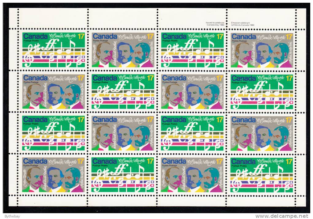 Canada MNH Scott #858ai Sheet Of 16 Field 17c Opening Music, Composers - Variety Dot On Moustache - O´Canada Centenary - Ganze Bögen