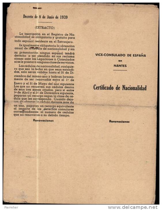 CERTIFICAT DE NATIONALITE AVEC FISCAUX DE  UNE & 5 PESETAS DE ORO DATE DU 11.07.1958 - Fiscale Zegels