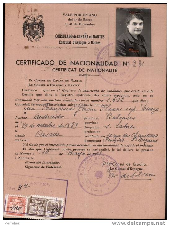 CERTIFICAT DE NATIONALITE AVEC FISCAUX DE  0.25 & UNE PESETAS DE ORO DATE DU 16.05.1951 - Fiscaux