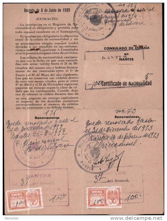 CERTIFICAT DE NATIONALITE AVEC FISCAUX DE  0.25 & UNE PESETAS DE ORO DATE DU 16.05.1951 - Fiscaux