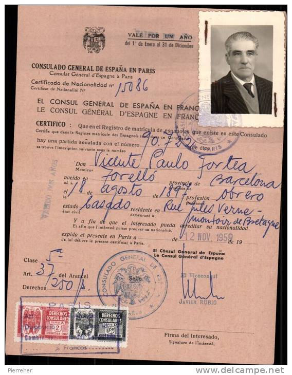 CERTIFICAT DE NATIONALITE AVEC FISCAUX DE  0.50 & 2 PESETAS DE ORO DATE DU 12.11.1959 - Fiscales