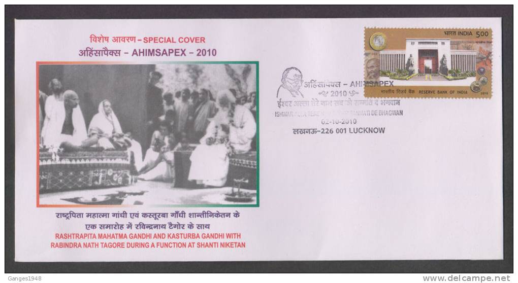 India 2010  2MAHATMA GANDHI  WITH KASTURBA &amp; R.N. TAGOREz  AHIMSAPEX   COVER   #  33148   Indien Inde - Mahatma Gandhi