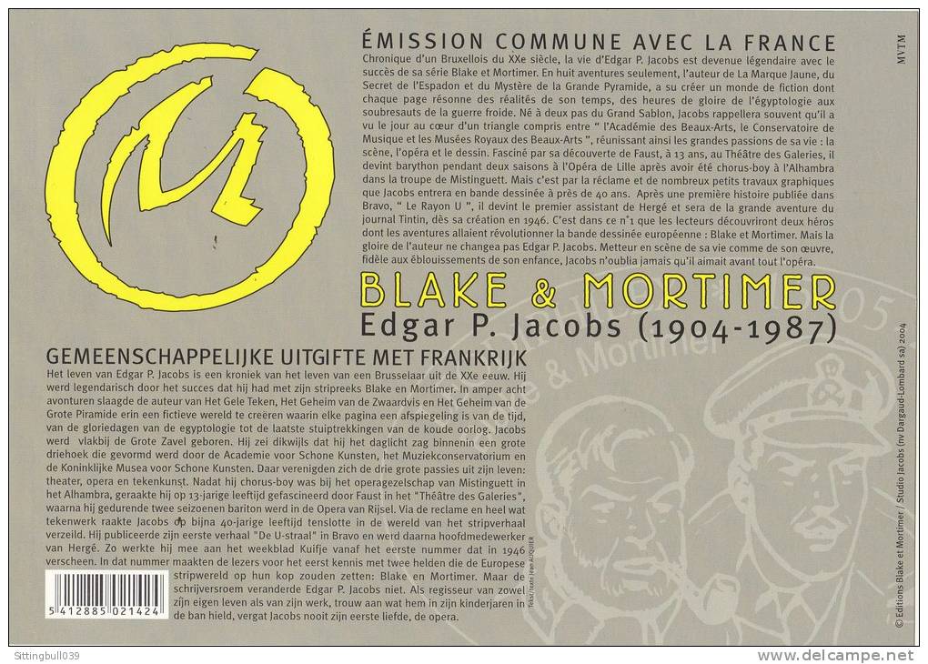 JACOBS Studio & Ed. Blake Et Mortimer. Carte Pub Pour L'édition Commune, Liège Et Paris, De 2 Timbres Poste Avec Tampons - Objets Publicitaires