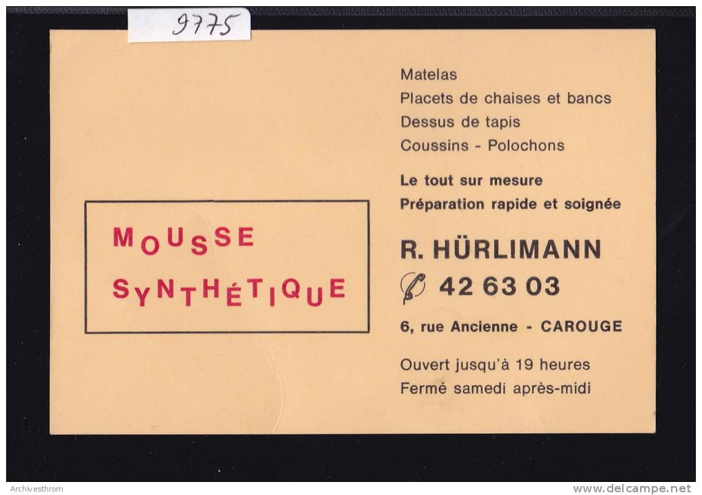 Genève - Carouge : Carte De R. Hürlimann, Mousse Synthétique - Matelas - 6, Rue Ancienne ; Form. 7 / 10,5 (9775) - Carouge