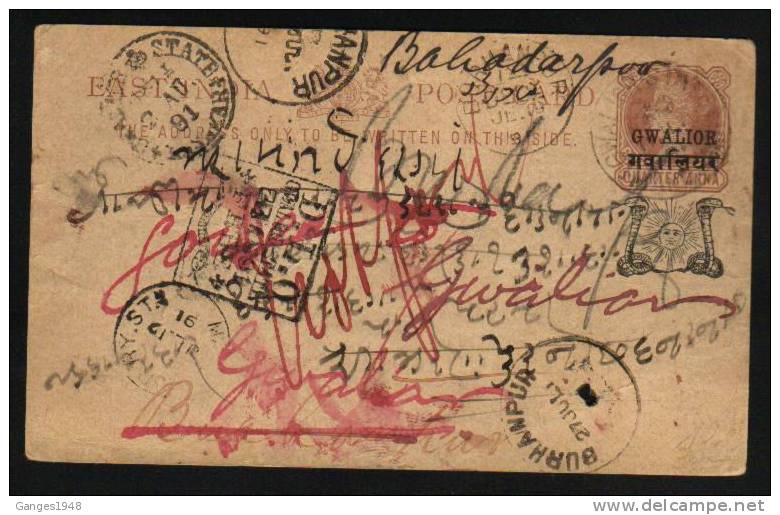 GWALIOR STATED.L.O. ON EARLY POSTCARD  RARE CANCELLATION  #  31749  Indien Fiscaux Inde  Etat Princier - Gwalior