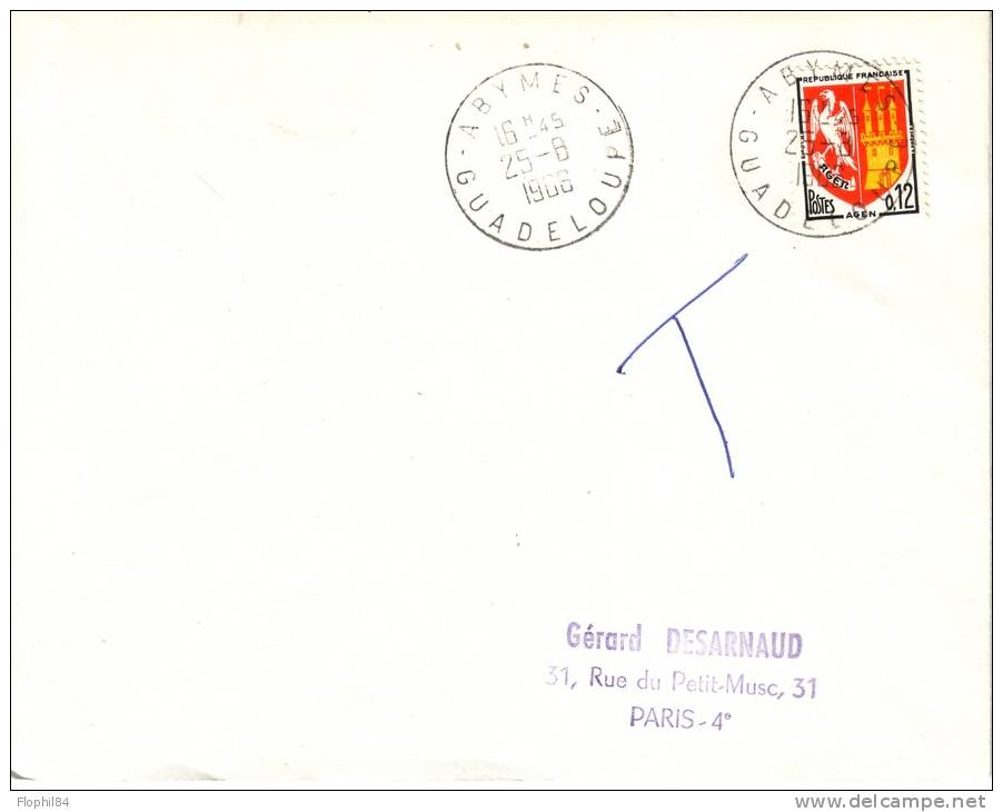 GUADELOUPE-ABYMES DU 25-8-1966 - LETTRE POUR PARIS. - Covers & Documents