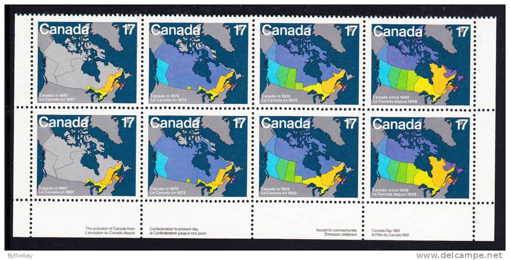 Canada MNH Scott #893a Block Of 8 17c Maps Of Canada 1867 To 1949 - Canada Day - Ganze Bögen