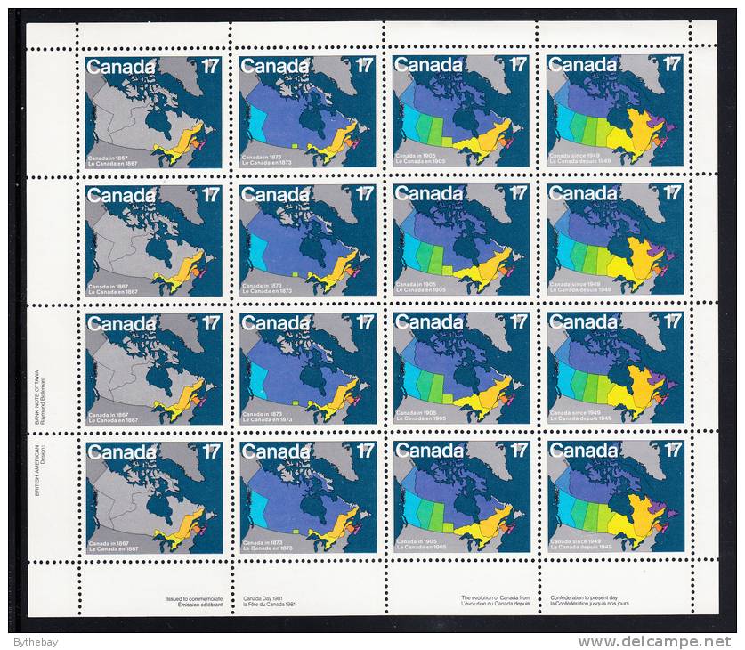 Canada MNH Scott #893a Sheet Of 16 Lower Left Inscription 17c Maps Of Canada 1867 To 1949 - Canada Day - Fogli Completi