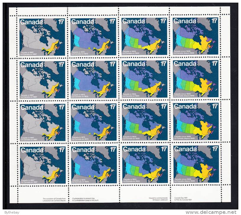 Canada MNH Scott #893a Sheet Of 16 Field Stock 17c Maps Of Canada 1867 To 1949 - Canada Day - Ganze Bögen