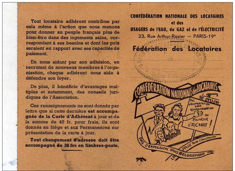 Carte D´adhérent De La Confédération Nationale Des Locataires Et Des Usagers De L´Eau, Du Gaz Et De L´Electricité; 1953 - Non Classés