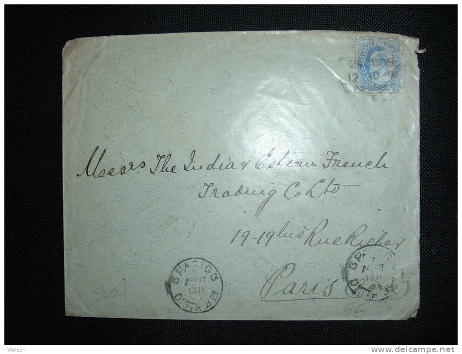 LETTRE POUR LA FRANCE TP 2 A OBL. 24 JL 09 BOMBAY + ARRIVEE OBL. MECANIQUE BD SEULS 3 PARIS 3 DISTRIBON - 1902-11 King Edward VII