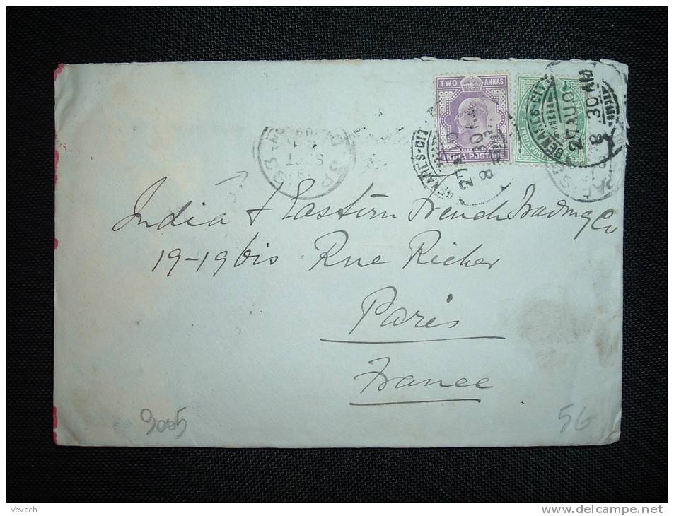 LETTRE POUR LA FRANCE TP 2 A +1/2 A OBL.27 AU 09 BENERES CITY + ARRIVEE OBL. MECANIQUE BD SEULS 3 PARIS 3 DISTRIBON - 1902-11 Koning Edward VII