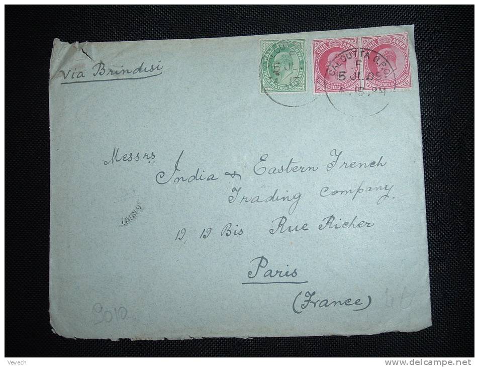 LETTRE POUR LA FRANCE VIA BRINDISI TP 1 A X2 +1/2 A OBL. 15 JL 09 CALCUTTA G.P.O. + CACHET SEAT POST OFFICE BOMBAY-ADEN - 1902-11 King Edward VII