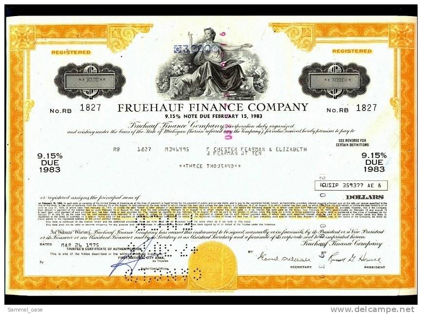 1975  Aktie  Hist. Wertpapier  ,   Fruehauf Finance Company   -  3000 Shares - Banque & Assurance