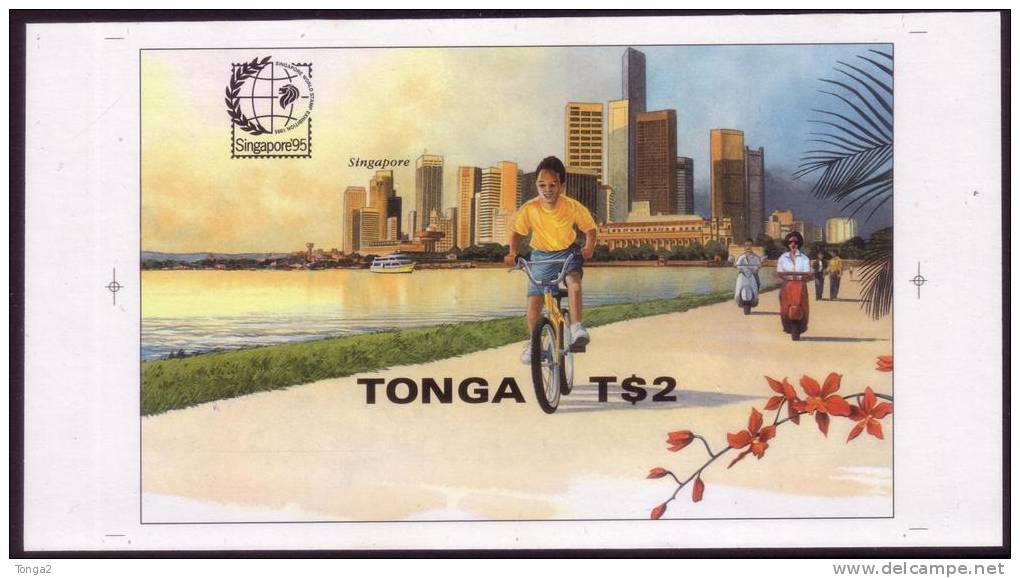 Tonga 1995 S/S - Uncut Imperf Plate Proof - Singapore Stamp Exhibition  - Bicycle Motorbike Orchid Shown - 15 Exist - Tonga (1970-...)