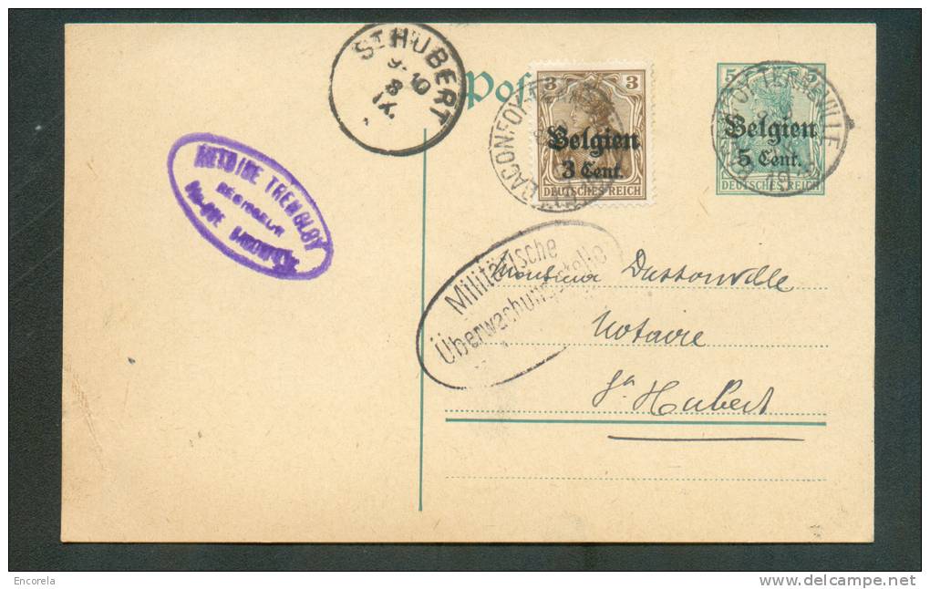 OC N°11 - 3 Cent. En Affr. Complémentaire S/E.P. Carte 5 Centi. Obl. Sc BACONFOY-TENNEVILLE 8-9-1916 Vers Saint-Hubert. - OC1/25 General Government