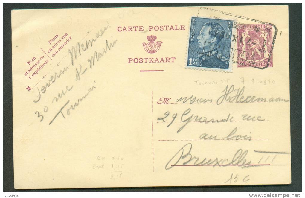 N°430 (1Fr.75 Poortman) En Affr. Complémentaire S/E.P. Carte 40 Centimes Obl. Télégraphique TOURNAI T * T En Exprès Le 7 - Cartes Postales 1934-1951