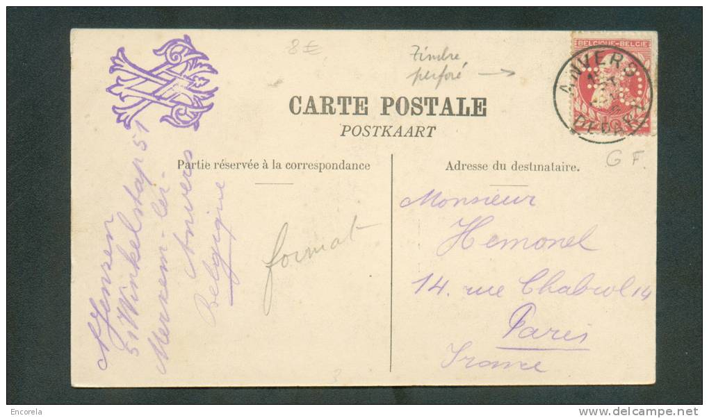 N°74 (perforé G.F.) S/C.V. Du 15-9-1906 Vers Paris  - 8008 - 1863-09