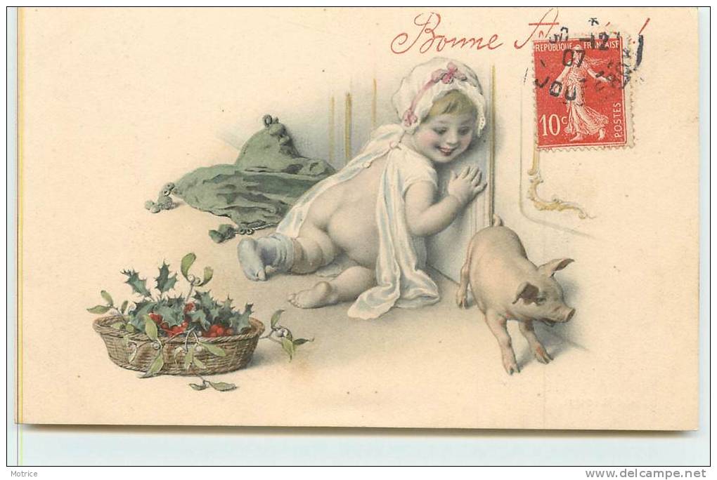 BONNE ANNEE  -  Enfant Et Cochon (carte Dans Le Gout De Vienne). - Pigs