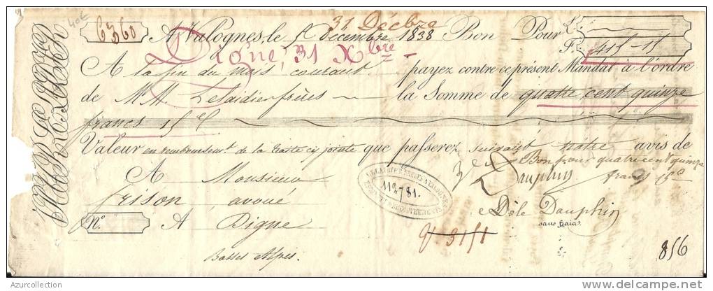 CHEQUE OU TRAITE DE 1838 . VALOGNES - Bills Of Exchange