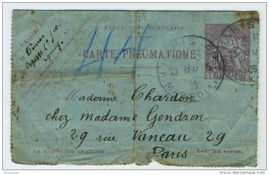 CARTE PNEUMATIQUE 1906 PARIS GRENELLE - Pneumatiques