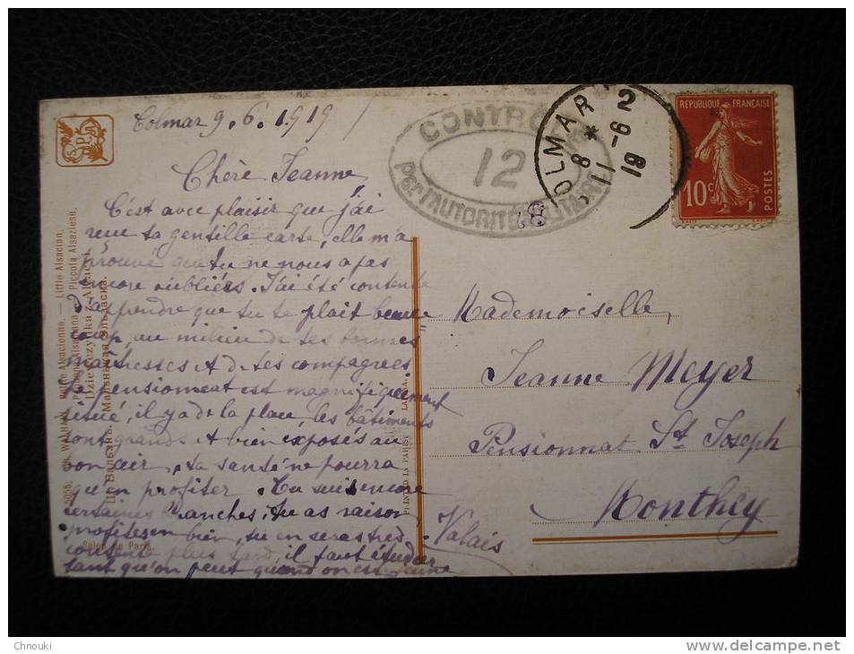 CP De Colmar Pour La SUISSE 11.6.19 - Cachet De Censure N° 12 - 10c Semeuse - Sonstige & Ohne Zuordnung