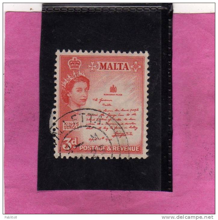 MALTA GREAT BRITAIN GRAN BRETAGNA 1956 QUEEN ELIZABETH II THE KING´S SCROLL - REGINA ELISABETTA ROTOLO DEL RE USED - Malte (...-1964)