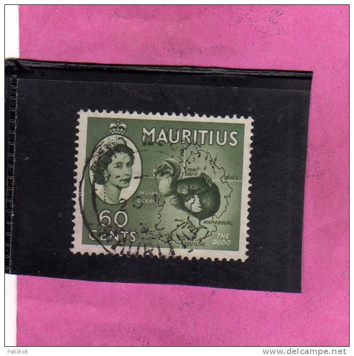 MAURITIUS GREAT BRITAIN 1953 -1954 QUEEN ELIZABETH II MAP AND DODO BIRD REGINA ELISABETTA CENT. 60c USATO USED OBLITERE' - Mauricio (...-1967)