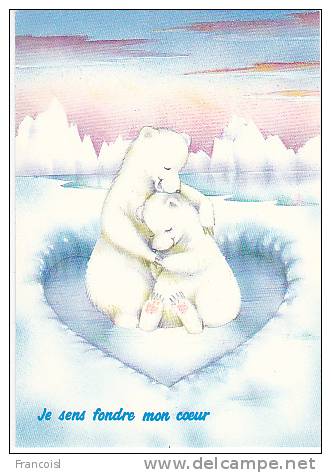 Couple D'ours Blancs Tendrement Enlacés Sur La Banquise. Cœur. Dessin. "Je Sens Fondre Mon Cœur" - Ours