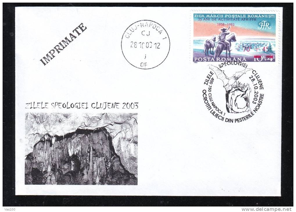 GROTTE,CAVE,SPELEOLOGY, BAT,CHAUVE-SOURIS,SPECIAL COVER 2003 CACHET CLUJ-NAPOCA ROMANIA. - Fledermäuse