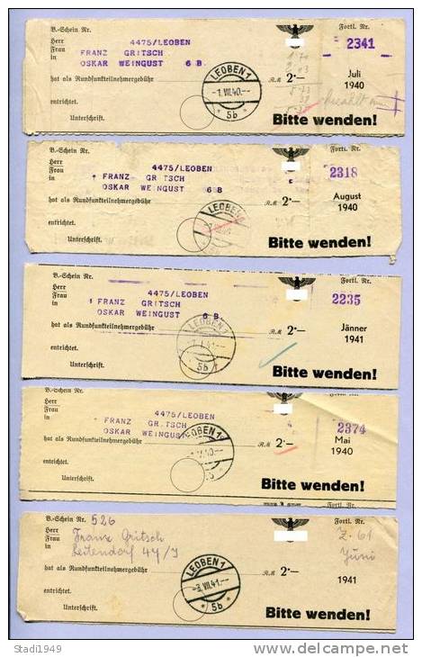 5 Stück Postformulare Rundfunkteilnehmergebühr LEOBEN 1940 1941 (1) - Covers & Documents